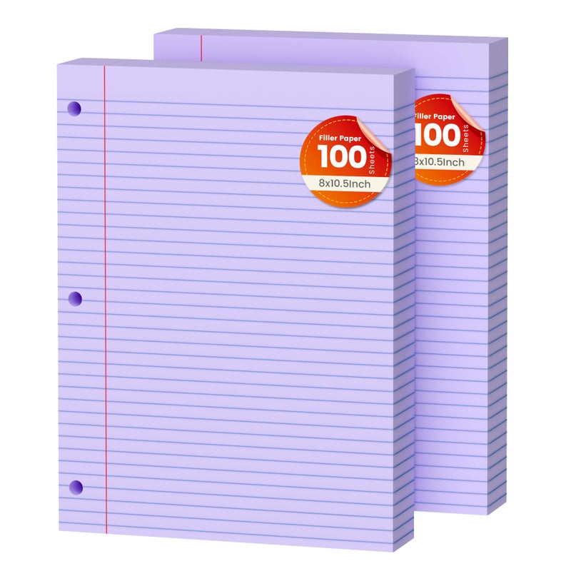 AILZFEI Purple Loose Leaf Paper 200 Sheets Colored Filler Paper 2 Pack 8 * 10.5 College Ruled Paper 3-Hole Punched Paper for 3-Ring Binders Notebook Lined 8"" x 10.5"" - Image 1